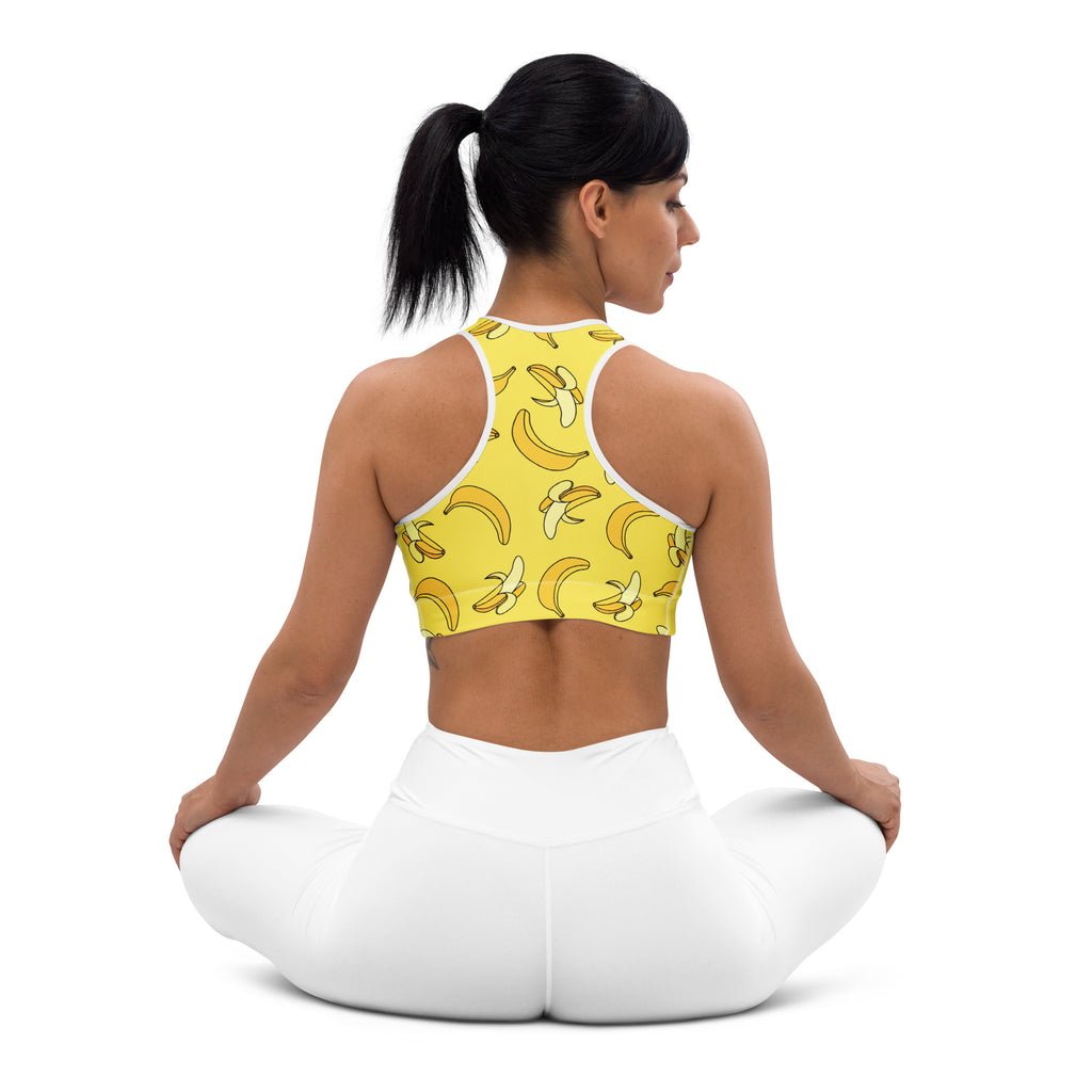 Women’s yellow banana padded sports bra with white trim buttery soft supportive quick-dry material