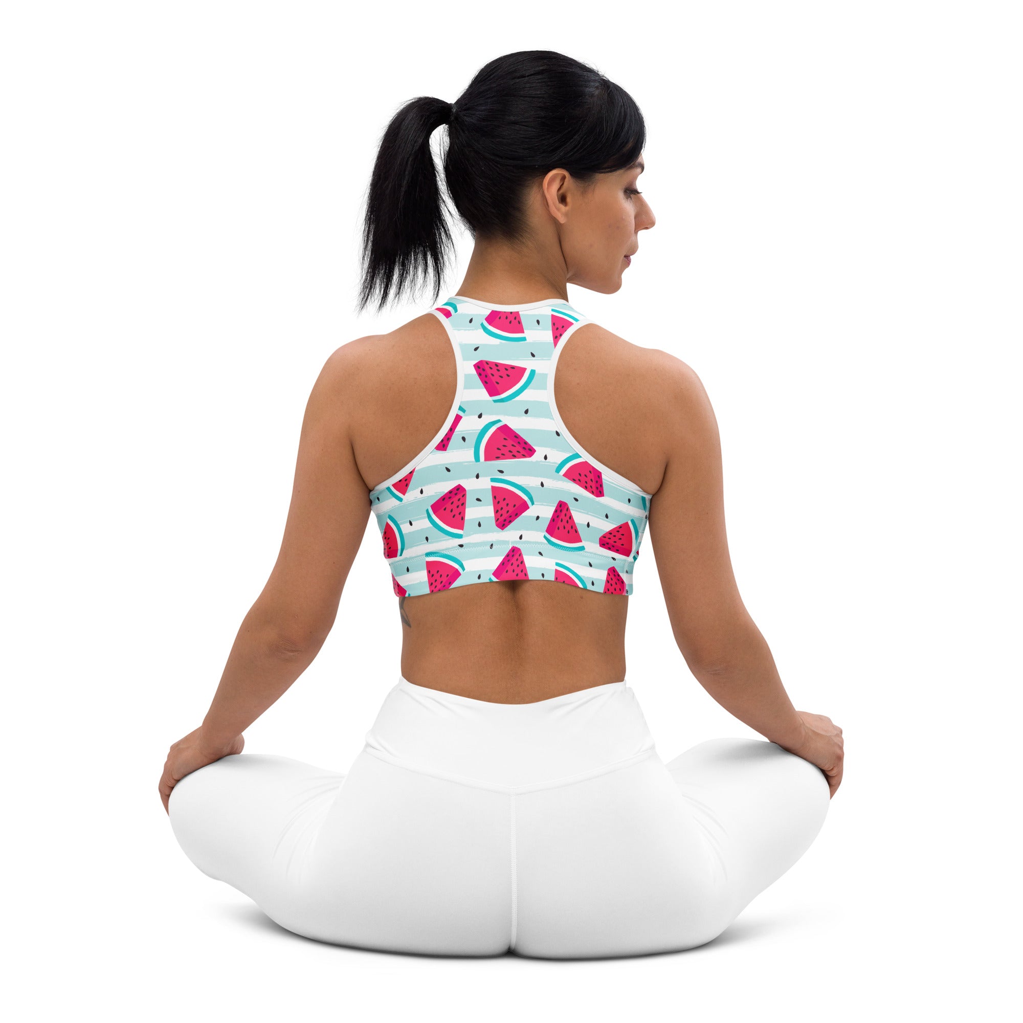 A vibrant watermelon striped padded sports bra with high neck in pink teal and light mint, buttery soft and quick dry