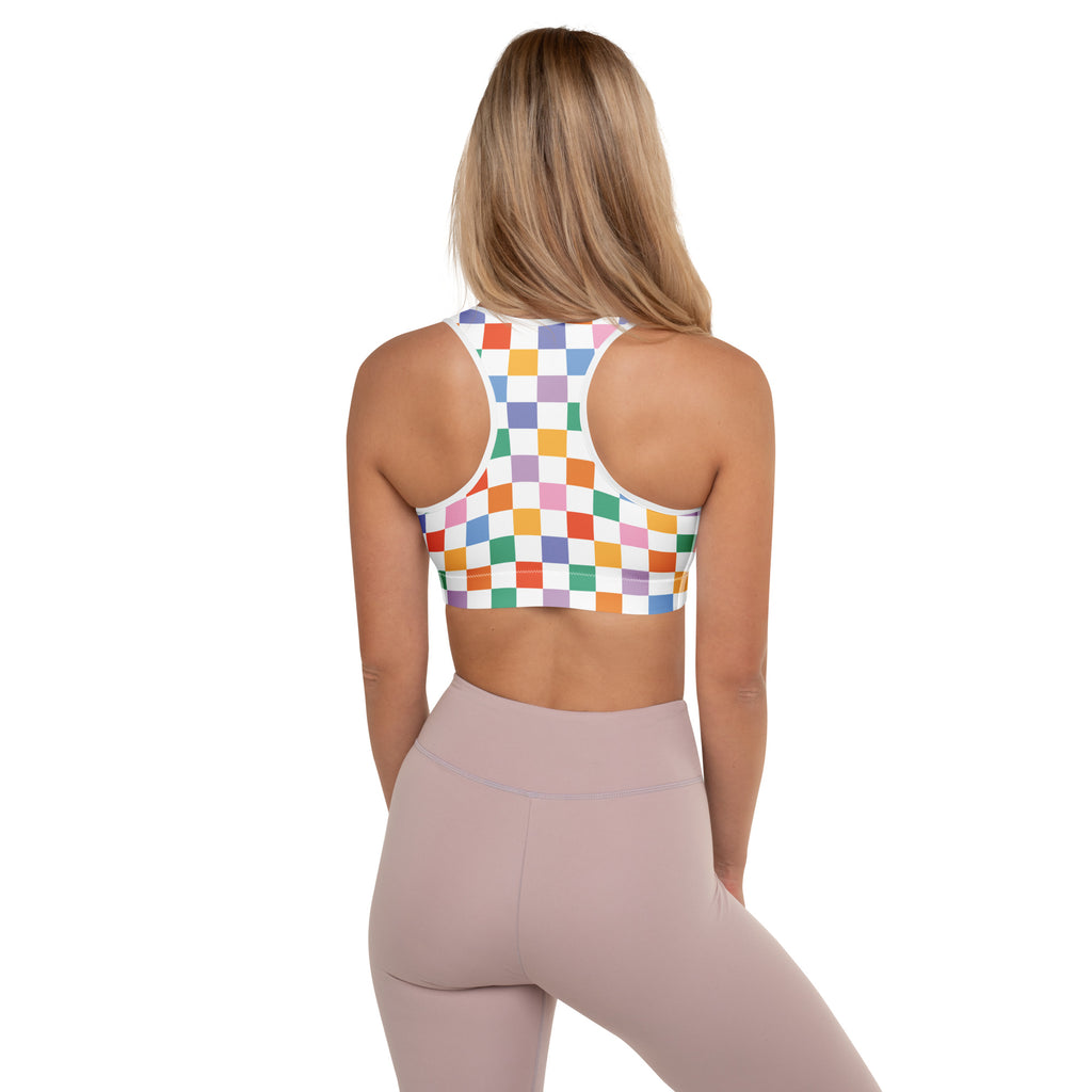 Women’s colorful checkerboard padded sports bra with white base buttery soft supportive and quick dry fabric