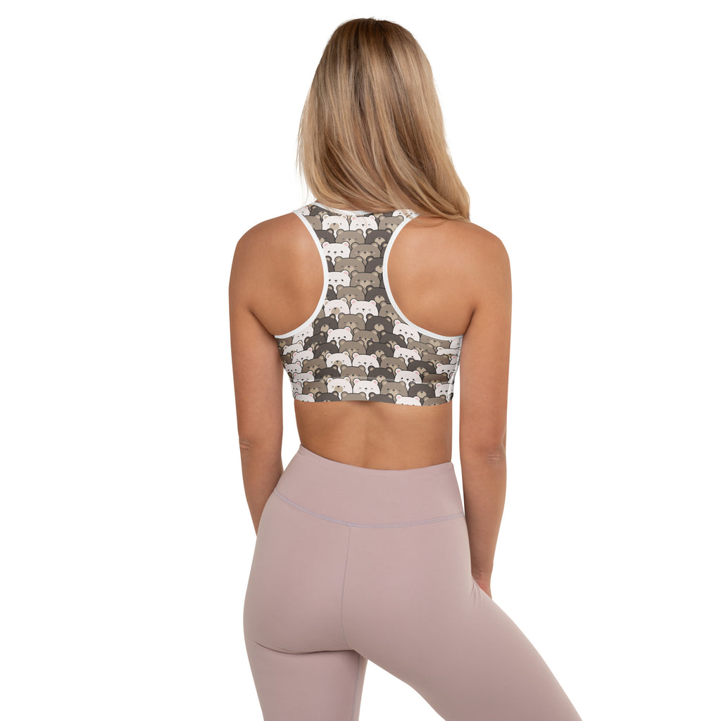 Women’s buttery soft padded racerback sports bra with playful white and gray cartoon dogs on dark gray quick-dry fabric