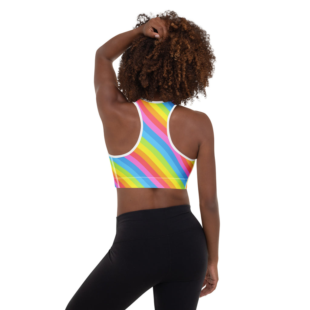 Women’s Rainbow Stripe Padded Sports Bra – Buttery Soft, Supportive & Quick-Dry