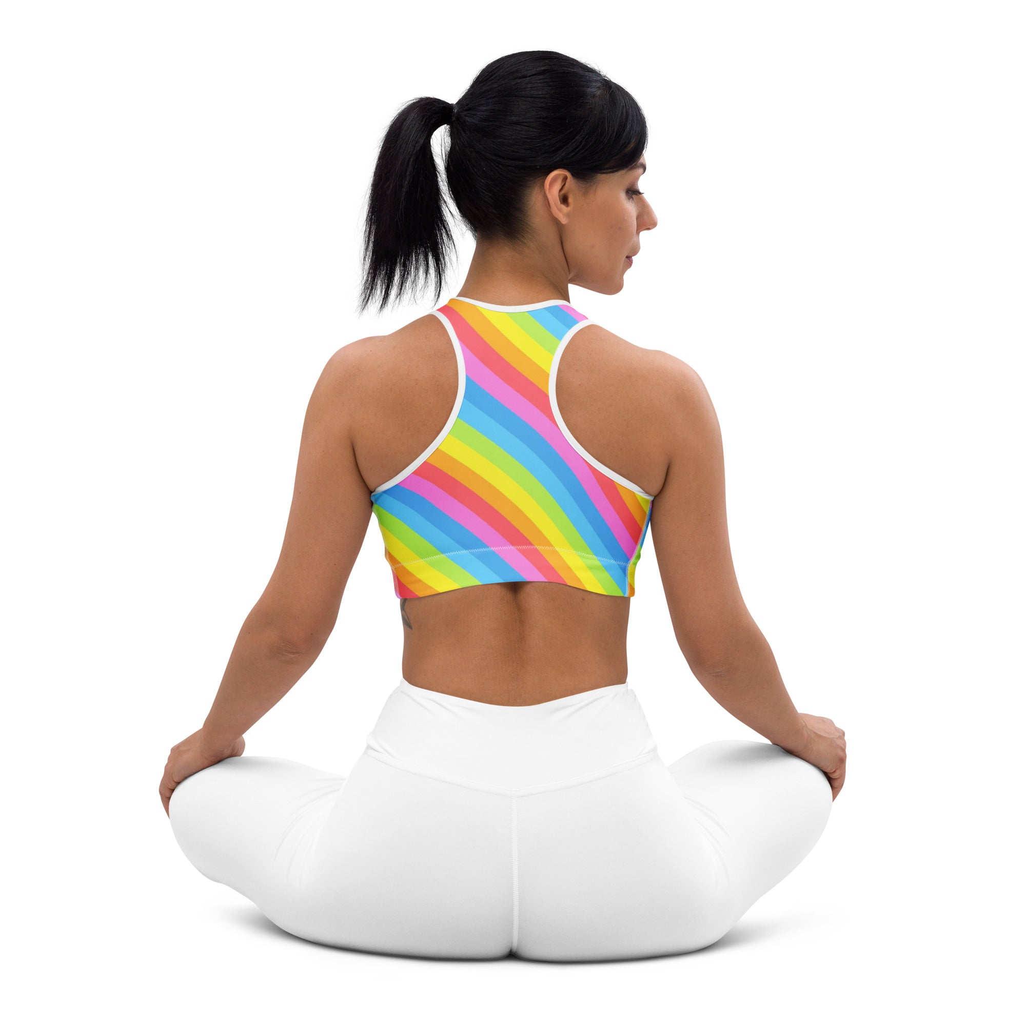 Women’s Rainbow Stripe Padded Sports Bra – Buttery Soft, Supportive & Quick-Dry