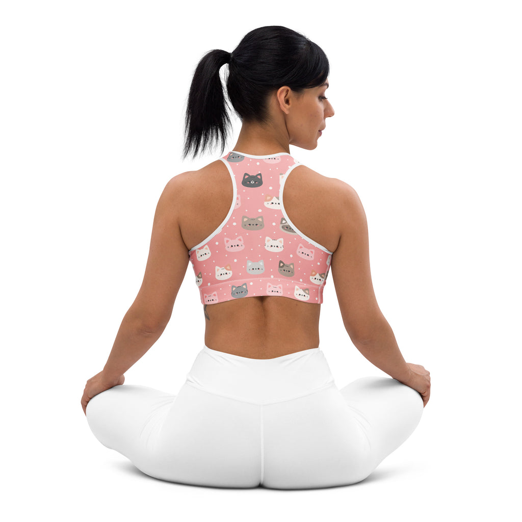 Women’s pink cat faces padded sports bra with white trim buttery soft supportive and quick-dry fabric