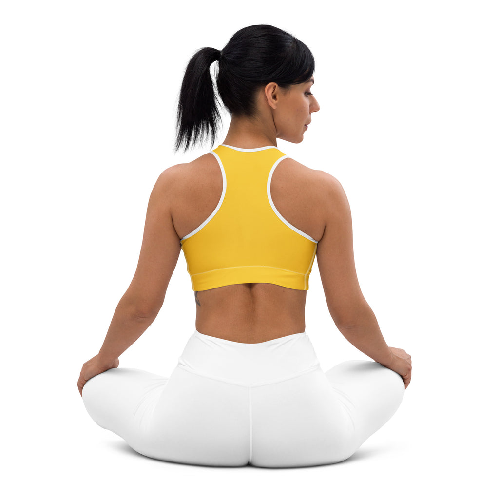 Women’s yellow padded sports bra with white trim buttery soft supportive quick-dry fabric for active use