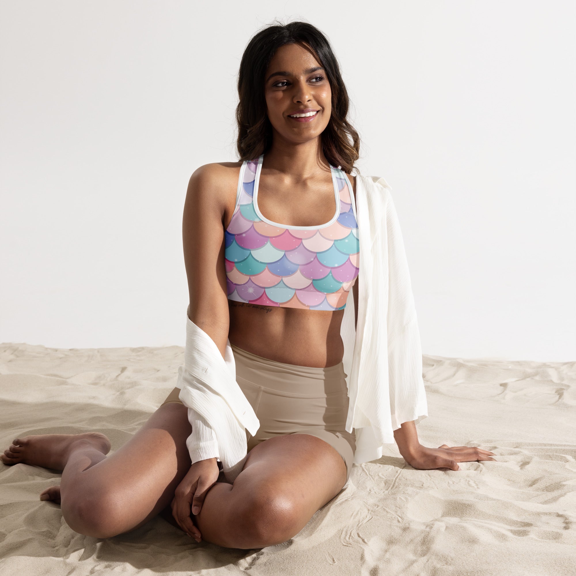 Women’s pastel-colored rainbow mermaid scale padded sports bra buttery soft supportive and quick-dry material