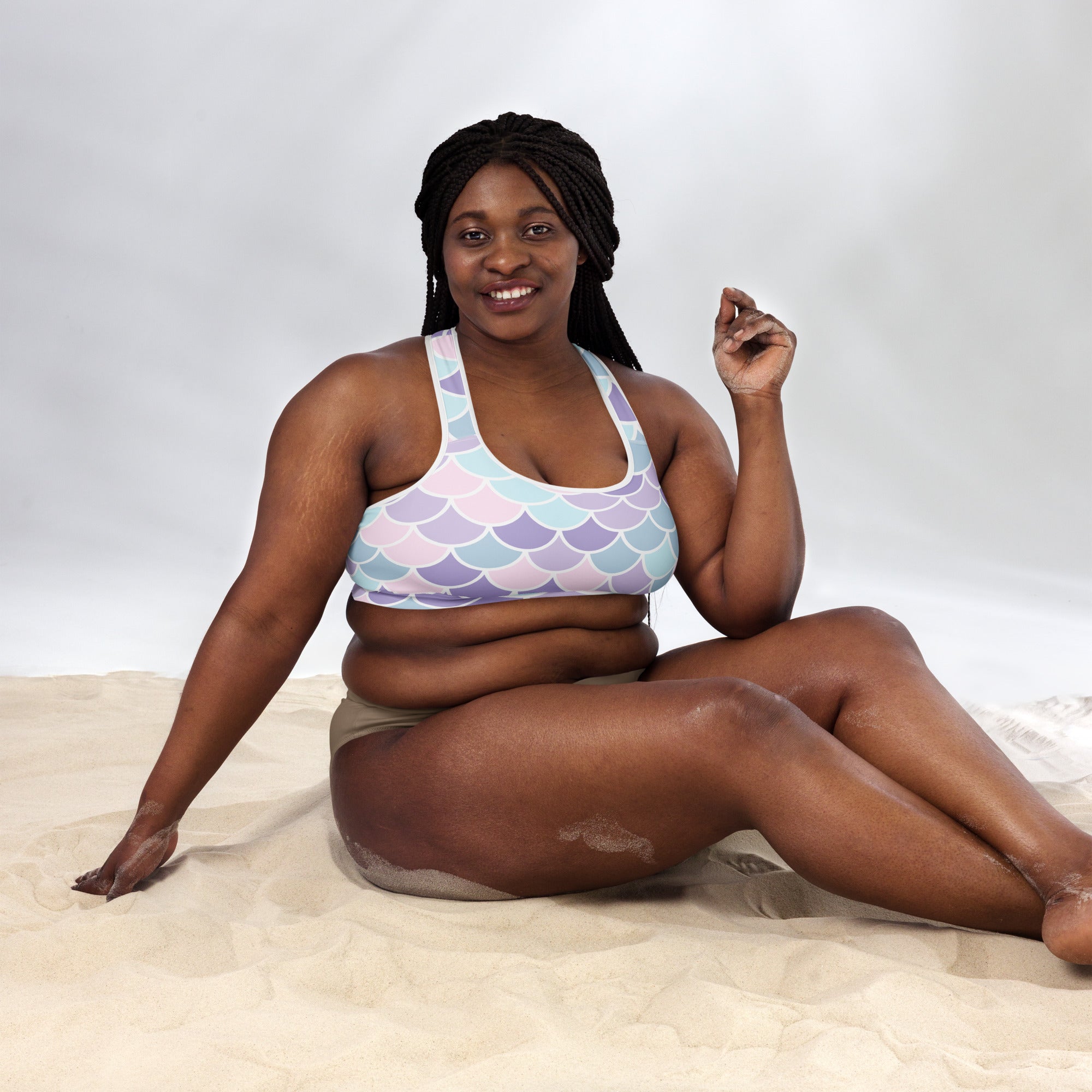 Women’s pastel mermaid scale padded sports bra in buttery soft fabric offering supportive and quick-dry comfort
