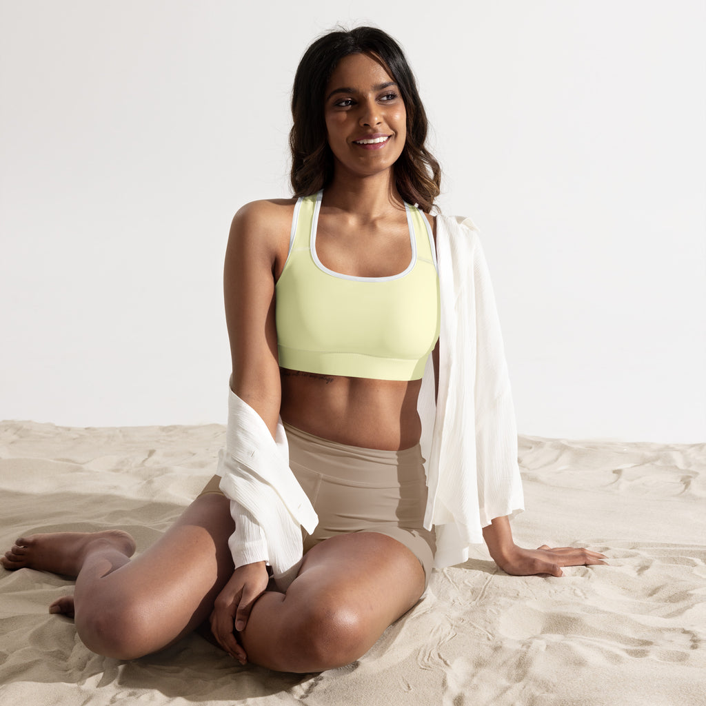 Light green sports bra with white trim womens padded supportive quick-dry buttery soft fabric
