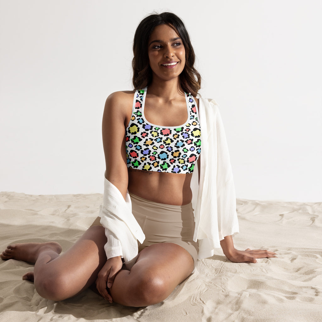 Women’s colorful leopard padded sports bra with white base vibrant spots buttery soft supportive quick-dry material