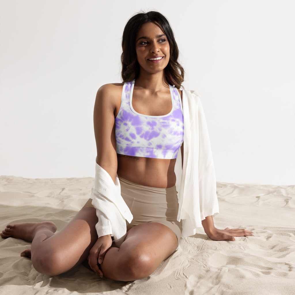 Women’s purple and white tie dye padded sports bra buttery soft supportive and quick dry material