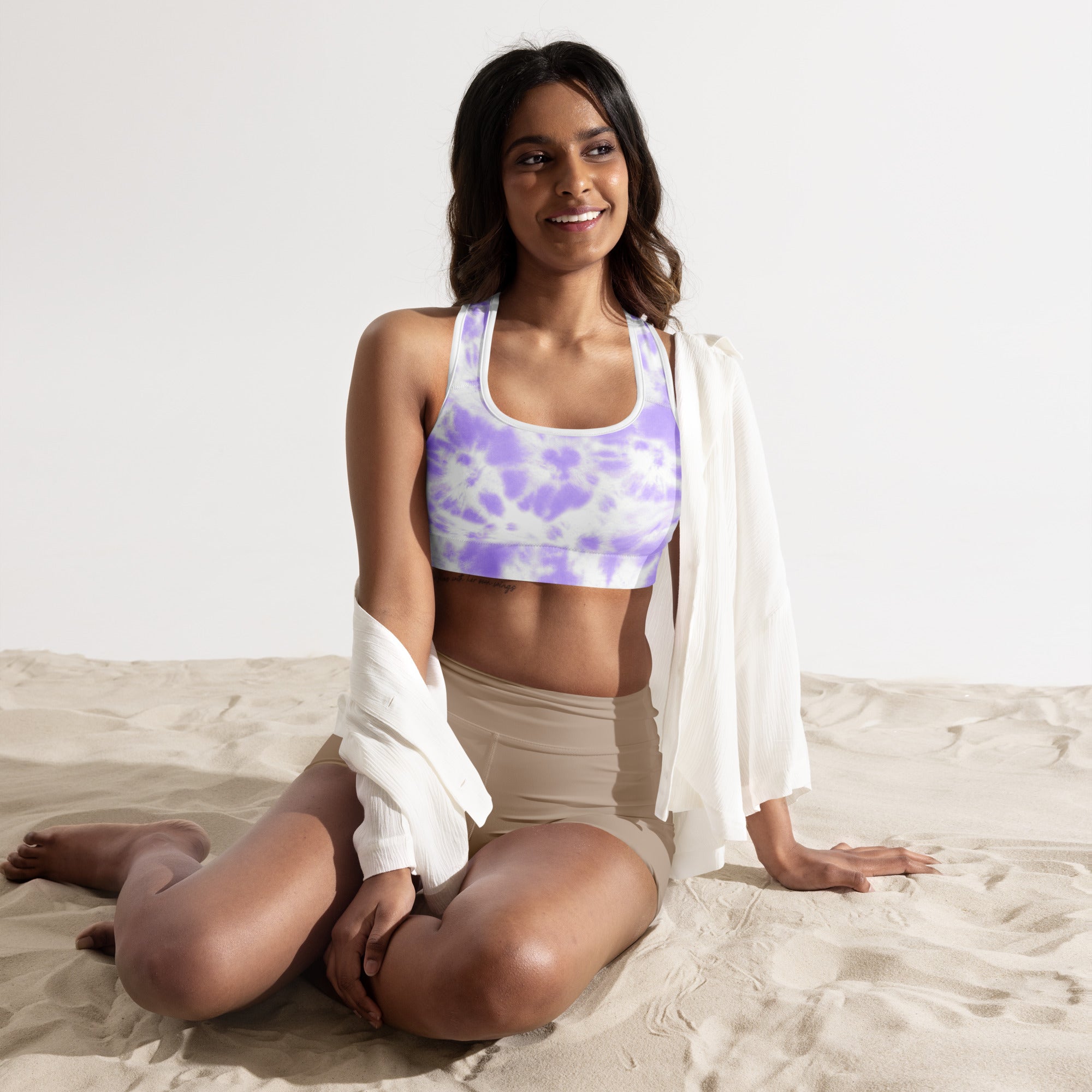 Women’s purple and white tie dye padded sports bra buttery soft supportive and quick dry material