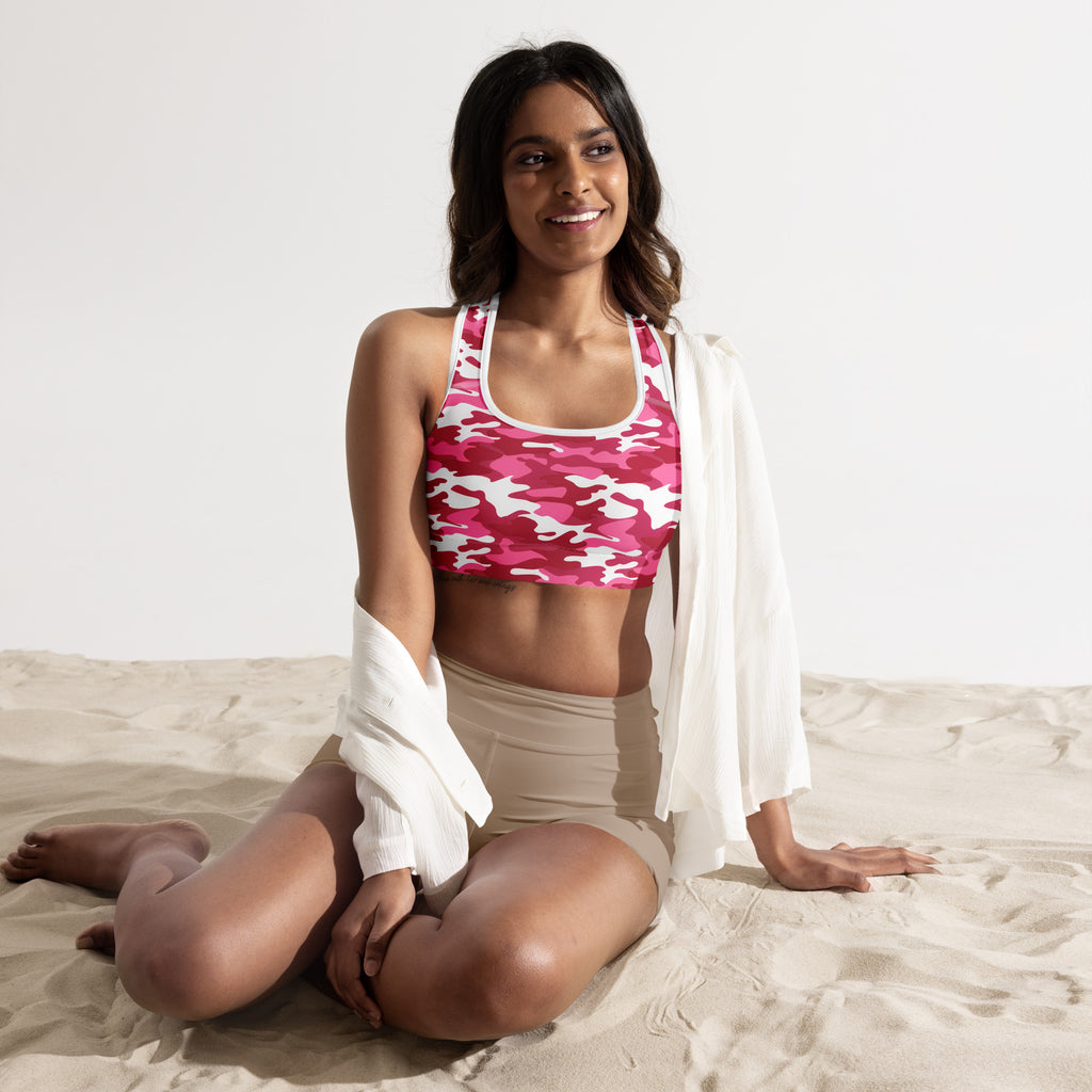 Women’s vibrant pink and white camouflage padded sports bra with halter neckline buttery soft supportive quick-dry
