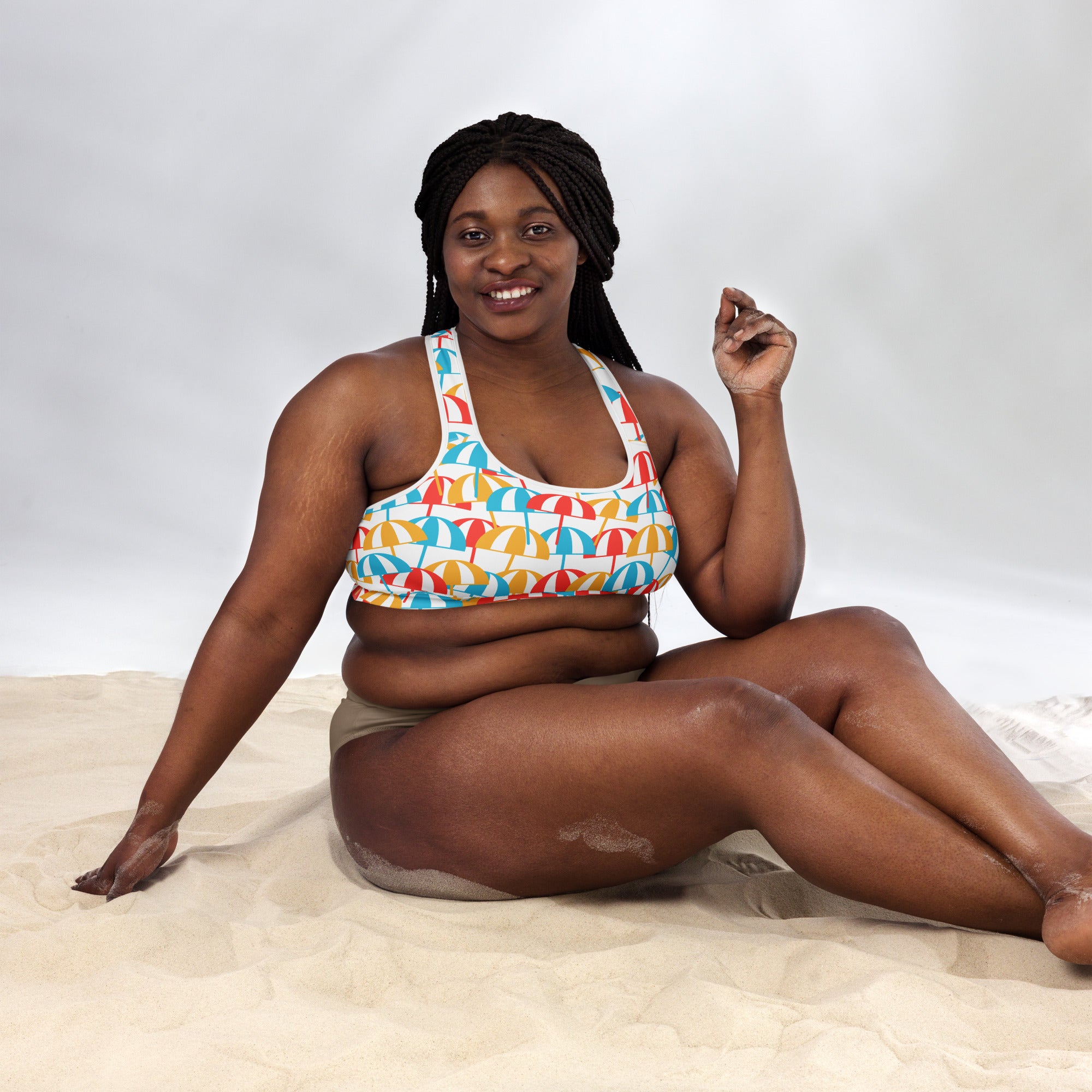 Colorful umbrella-patterned women’s beach umbrella padded sports bra with white straps, supportive buttery soft quick-dry design