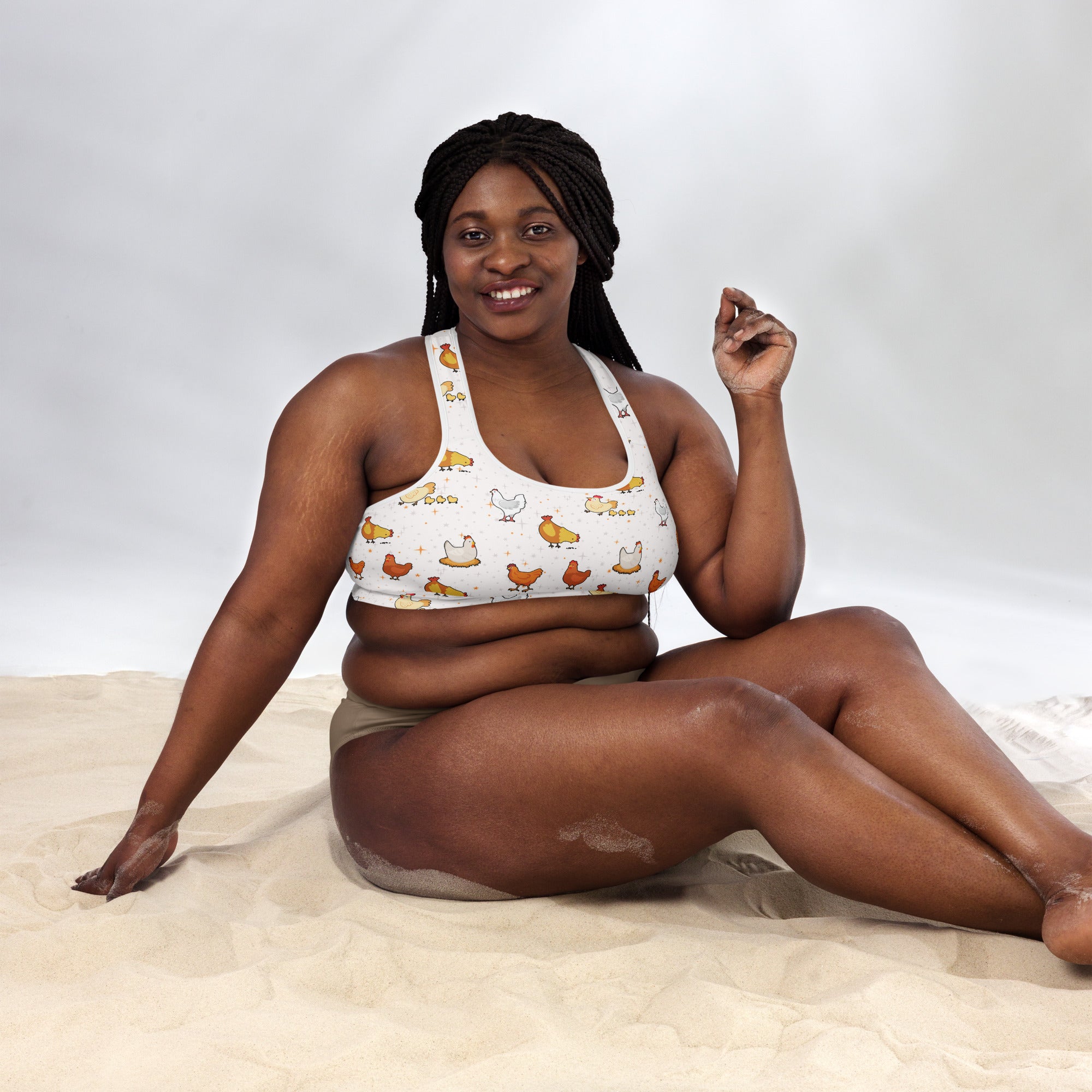 White women’s chicken padded sports bra with colorful cartoon chicken pattern buttery soft supportive and quick dry