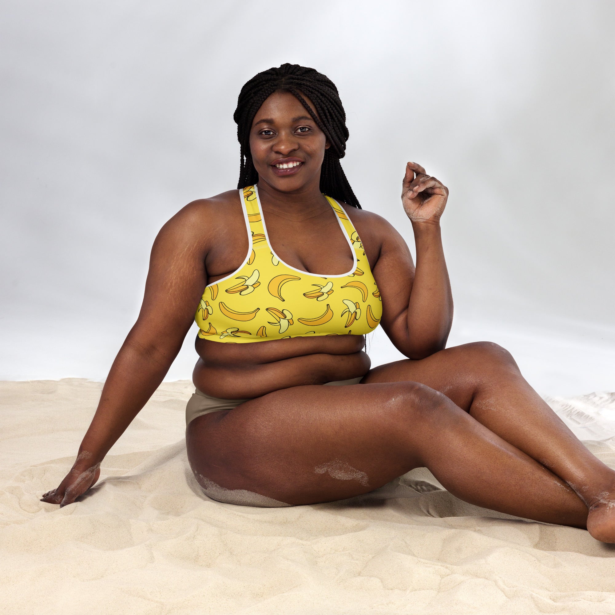Women’s yellow banana-print padded sports bra with white trim buttery soft supportive and quick-dry material