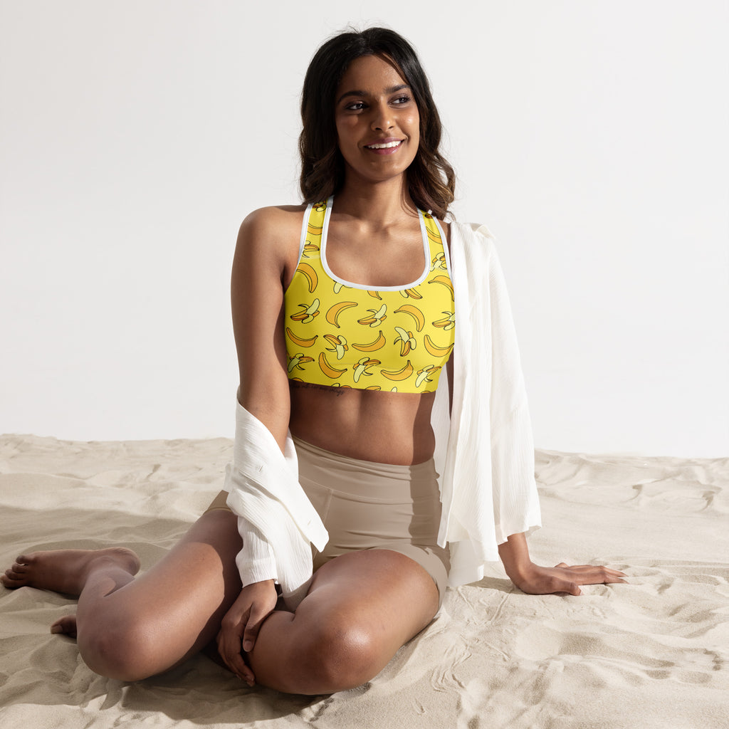 Women’s yellow banana-print padded sports bra with white trim buttery soft supportive and quick-dry material