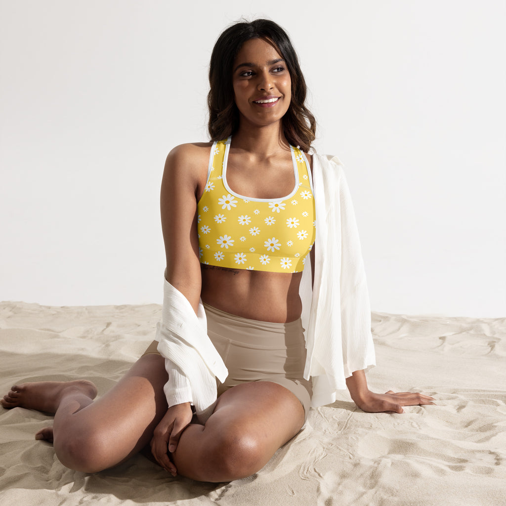 Women’s Yellow Daisy Padded Sports Bra – Buttery Soft, Supportive & Quick-Dry