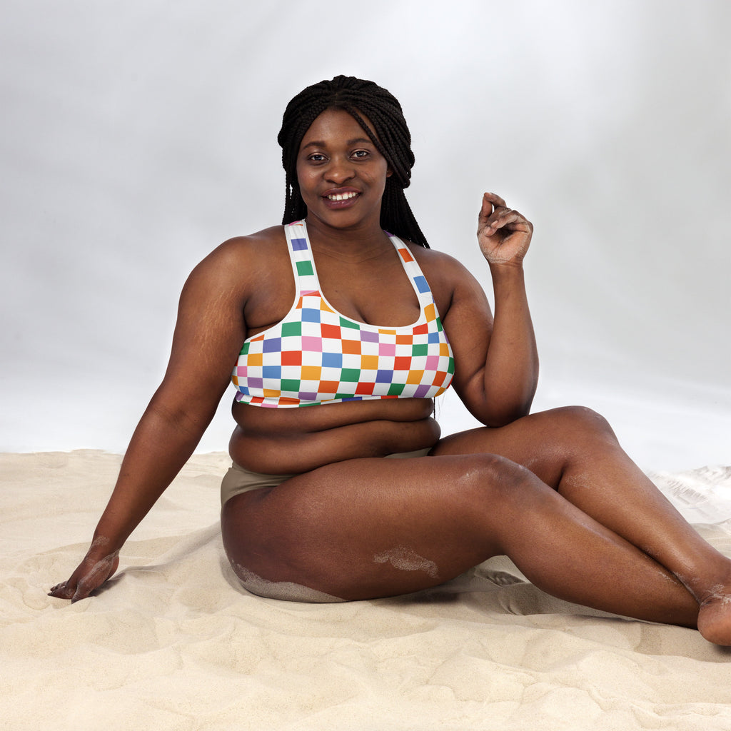 Colorful checkerboard padded sports bra with white straps buttery soft supportive quick-dry women’s bikini top