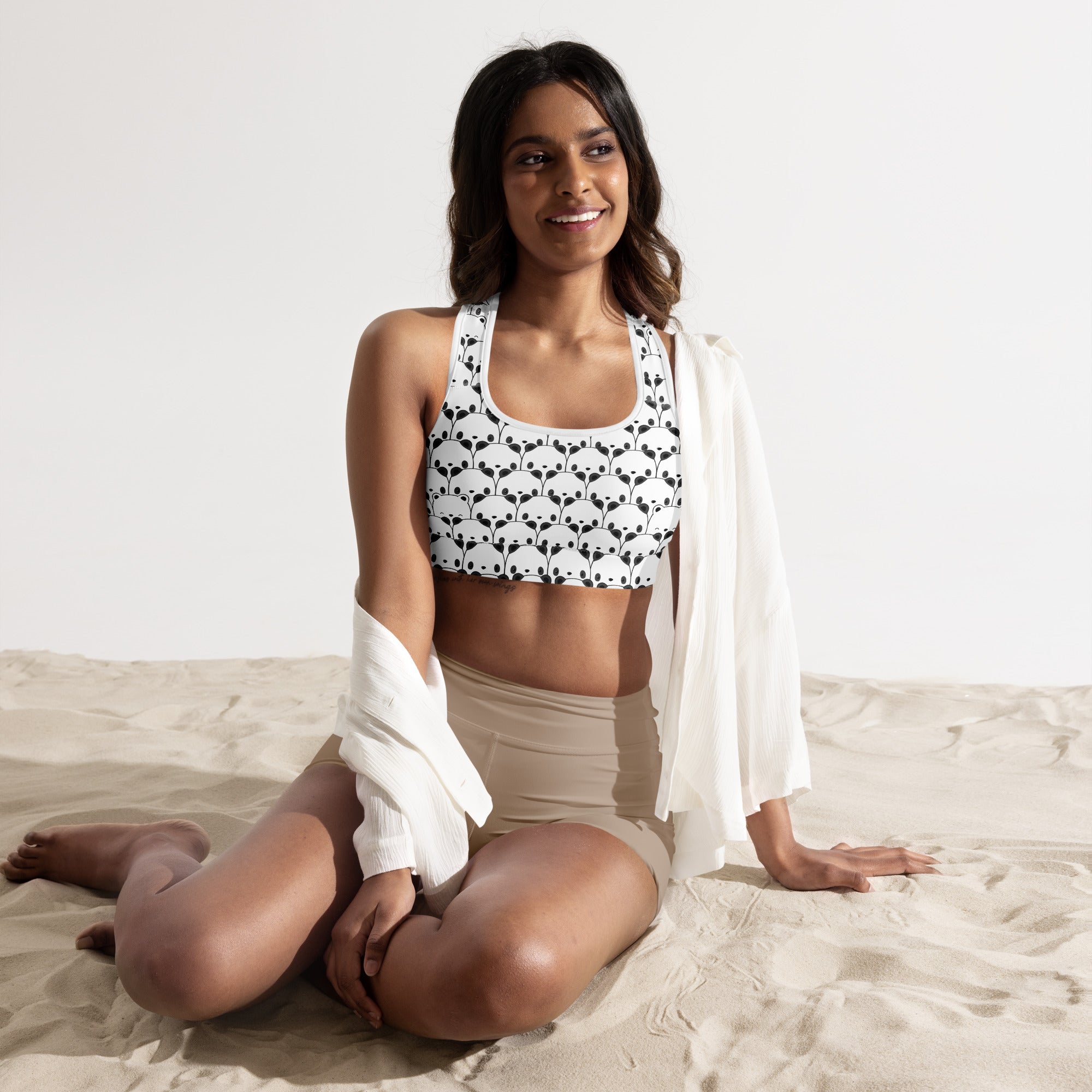 White women’s panda padded sports bra with black panda face pattern buttery soft supportive quick-dry fabric