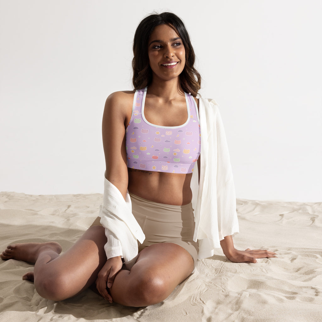 Lavender padded sports bra with pastel-colored cupcake pattern buttery soft supportive and quick-dry fabric