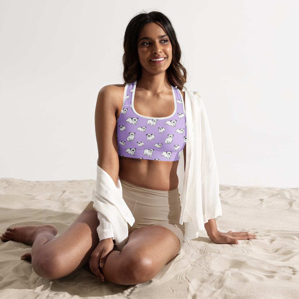 Women’s purple pug padded sports bra with a playful white pug pattern buttery soft supportive and quick-dry
