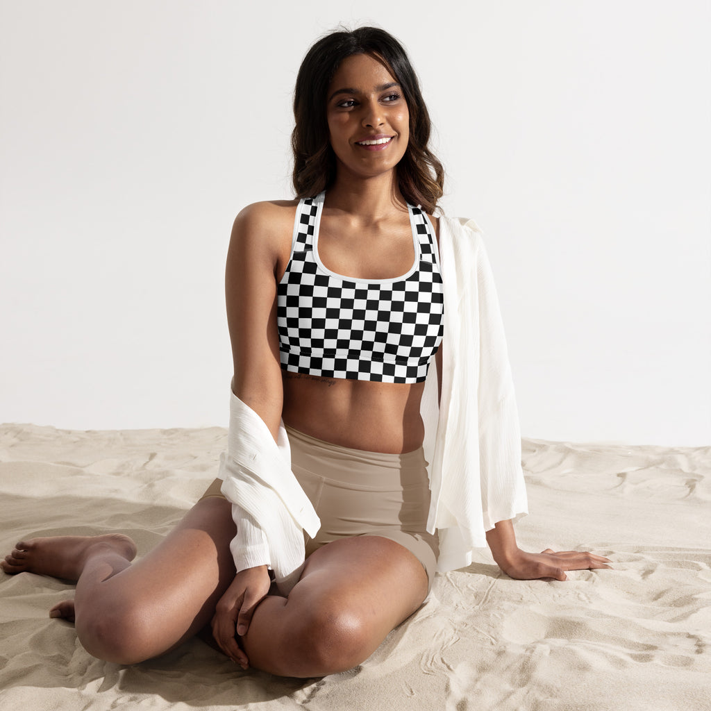 Women’s black and white checkerboard padded sports bra with racerback design buttery soft supportive quick dry
