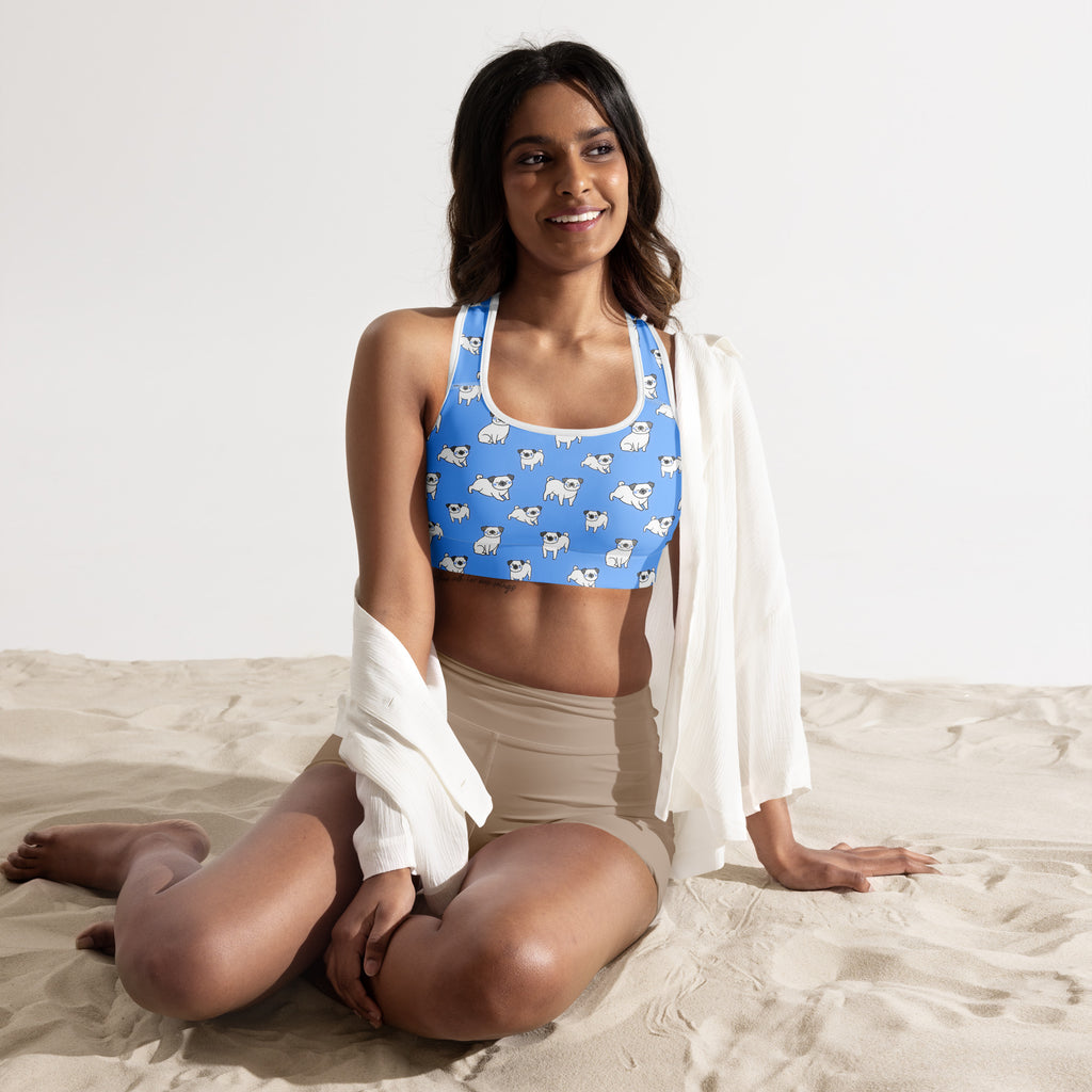 Women’s blue padded sports bra with white pug dog prints buttery soft supportive quick-dry material
