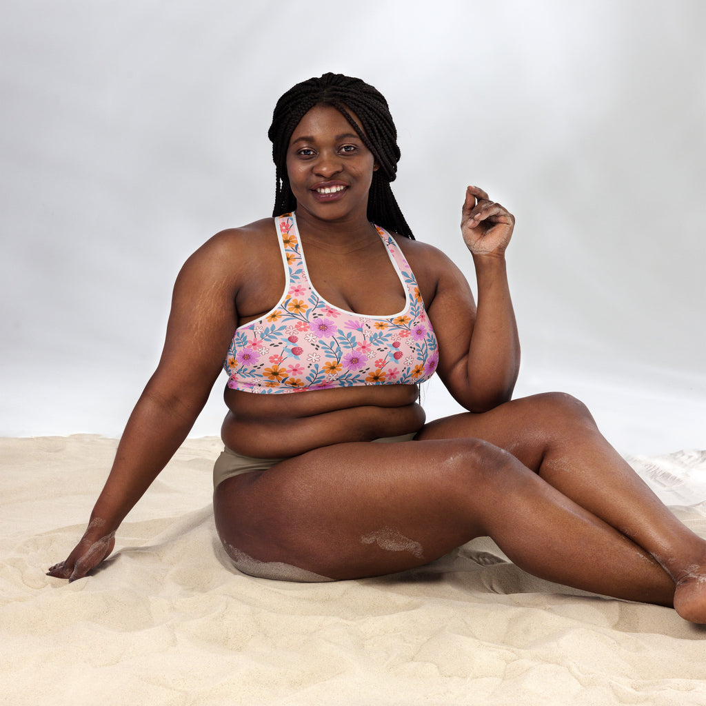 Women’s pink floral print padded sports bra with adjustable straps seamless design buttery soft and quick-dry fabric