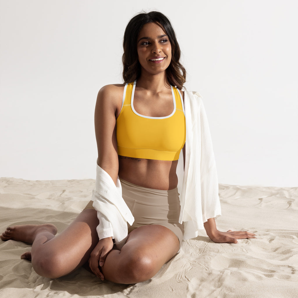Women’s yellow padded sports bra with white trim buttery soft supportive quick-dry fabric for active wear