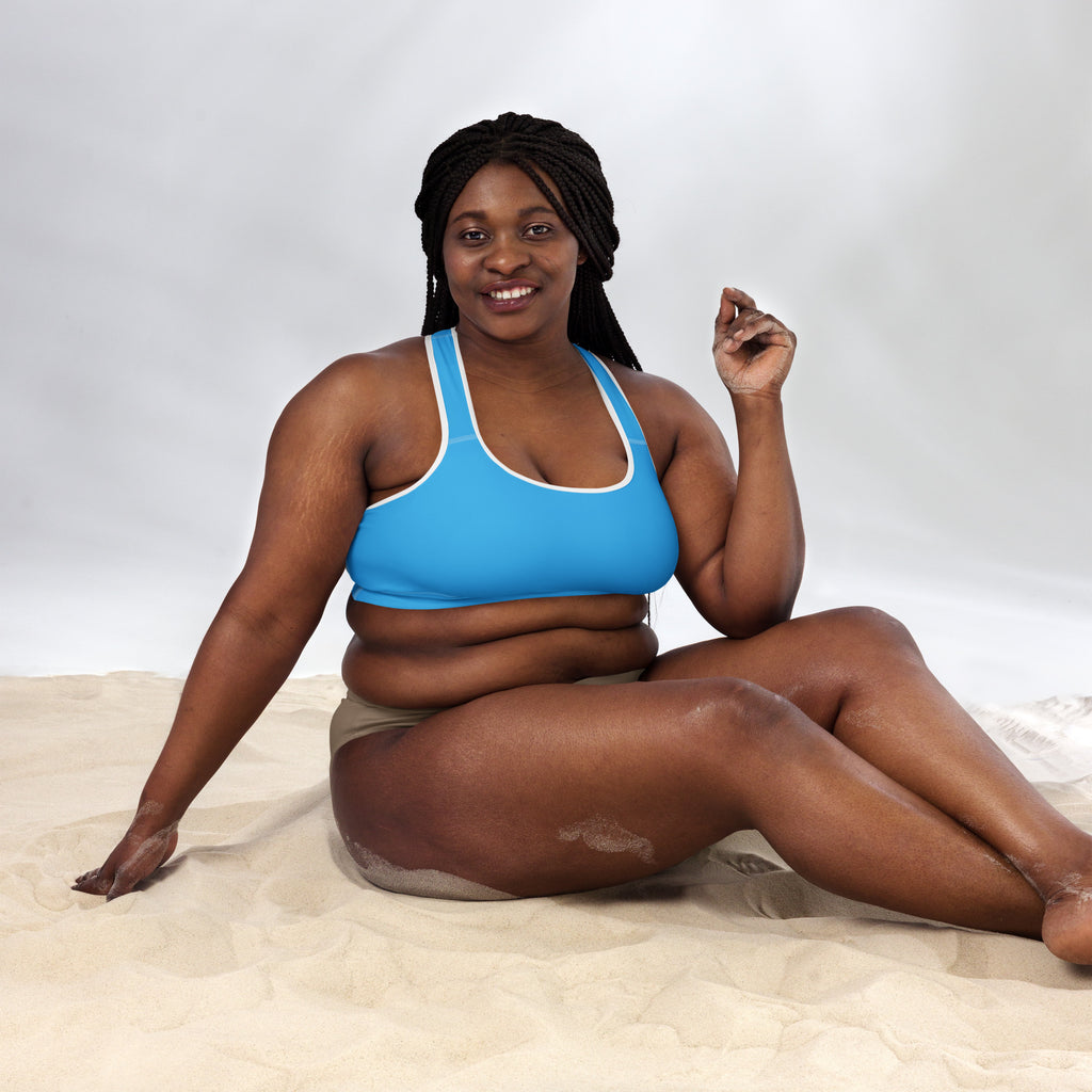 Women’s sky blue padded sports bra with white trim buttery soft supportive and quick-dry for active wear