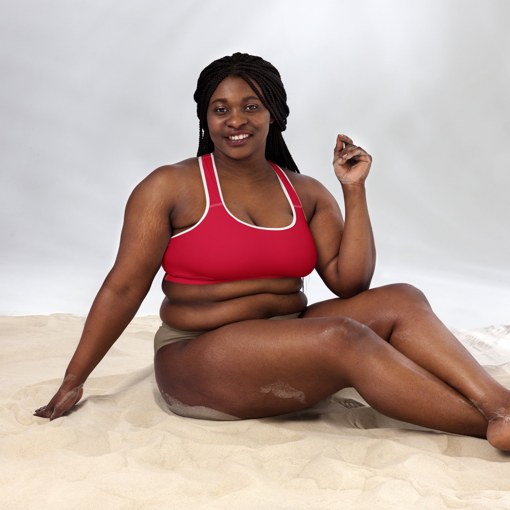 Women’s crimson red padded sports bra with white trim buttery soft supportive and quick dry fabric