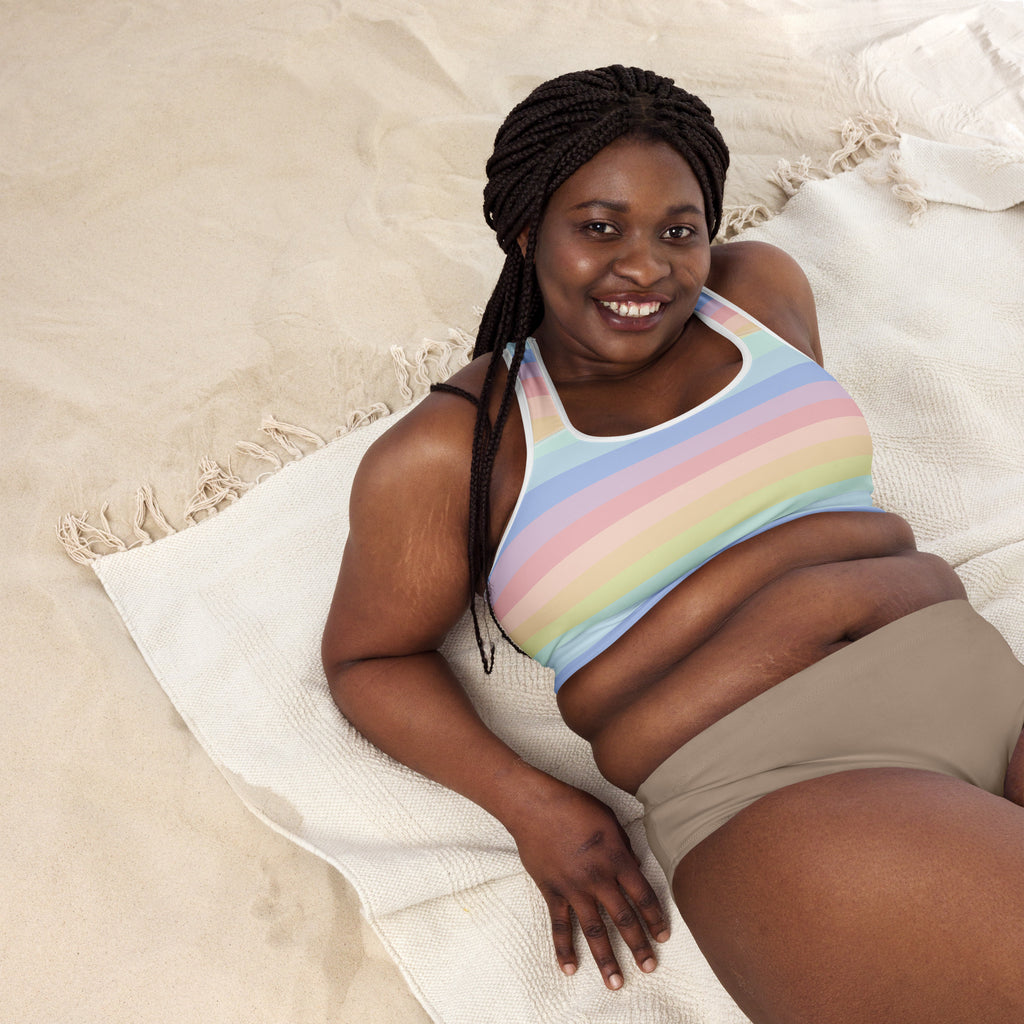 Women’s padded sports bra with pastel rainbow stripes buttery soft supportive and quick-dry fabric