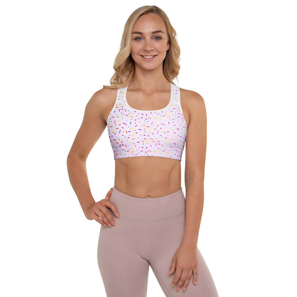 White sports bra with colorful sprinkle pattern padded for support made of buttery soft quick-dry fabric