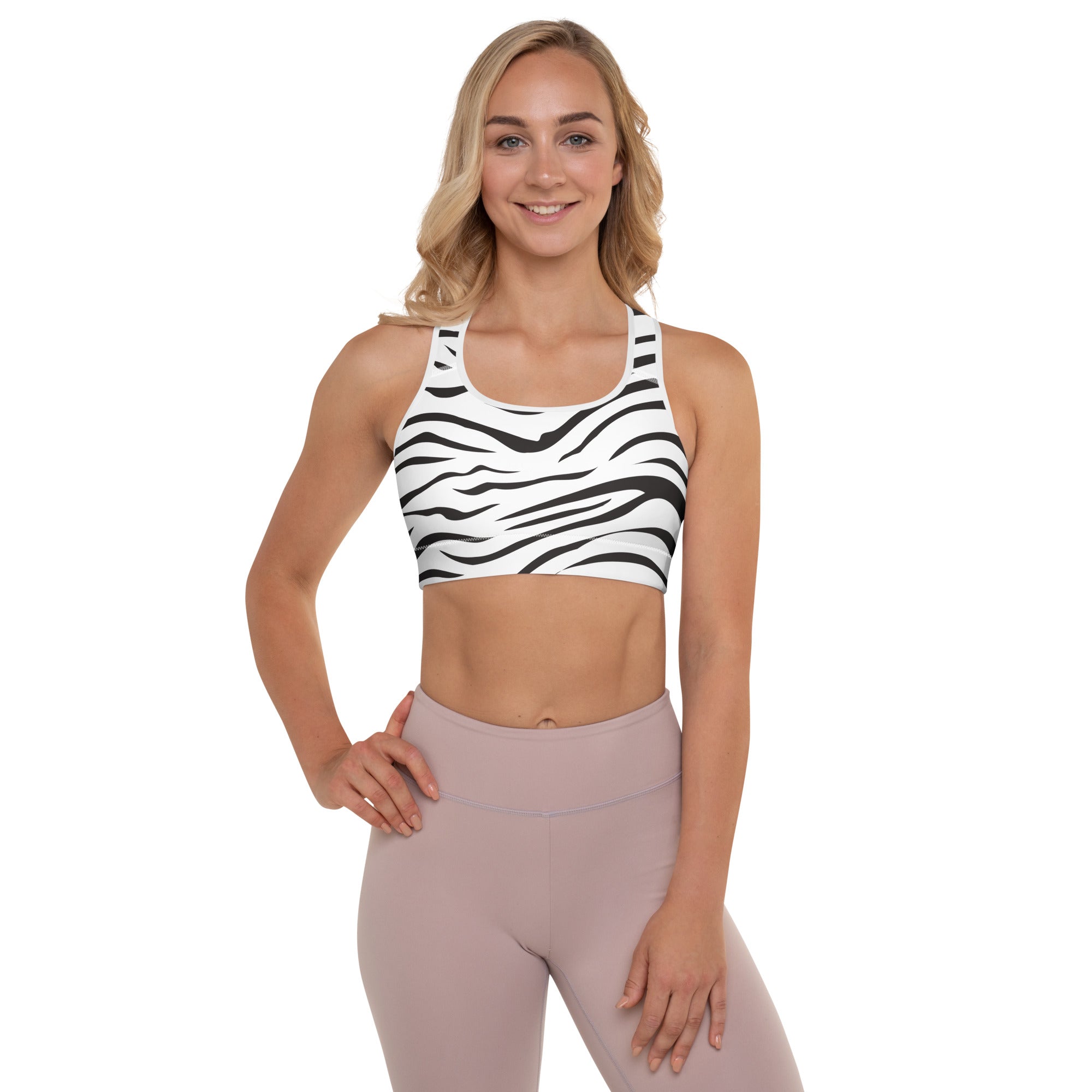 White and black zebra-striped padded sports bra with racerback design buttery soft supportive and quick-dry