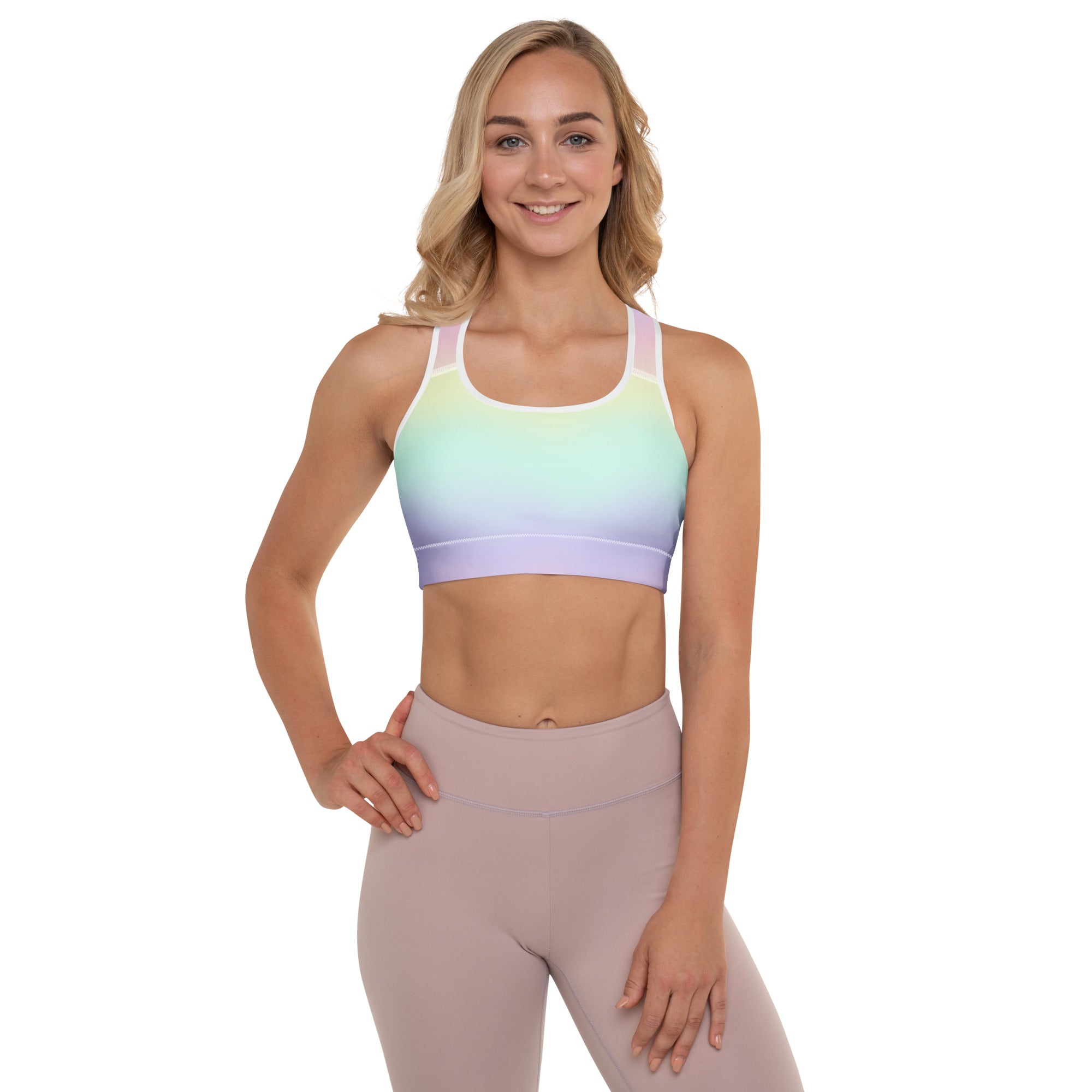 Women’s Pastel Rainbow Padded Sports Bra – Buttery Soft, Supportive & Quick-Dry