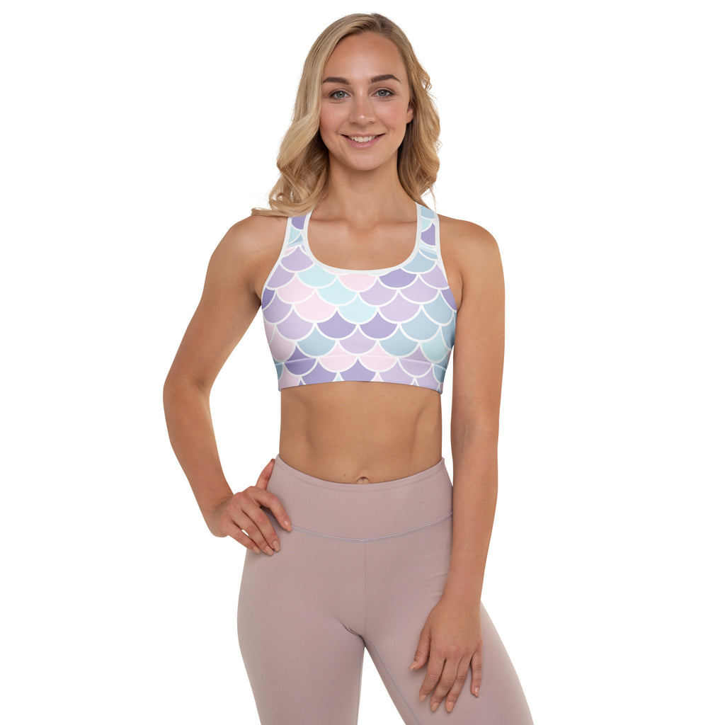 Women’s pastel mermaid scale padded sports bra with halter neckline buttery soft supportive quick dry fabric