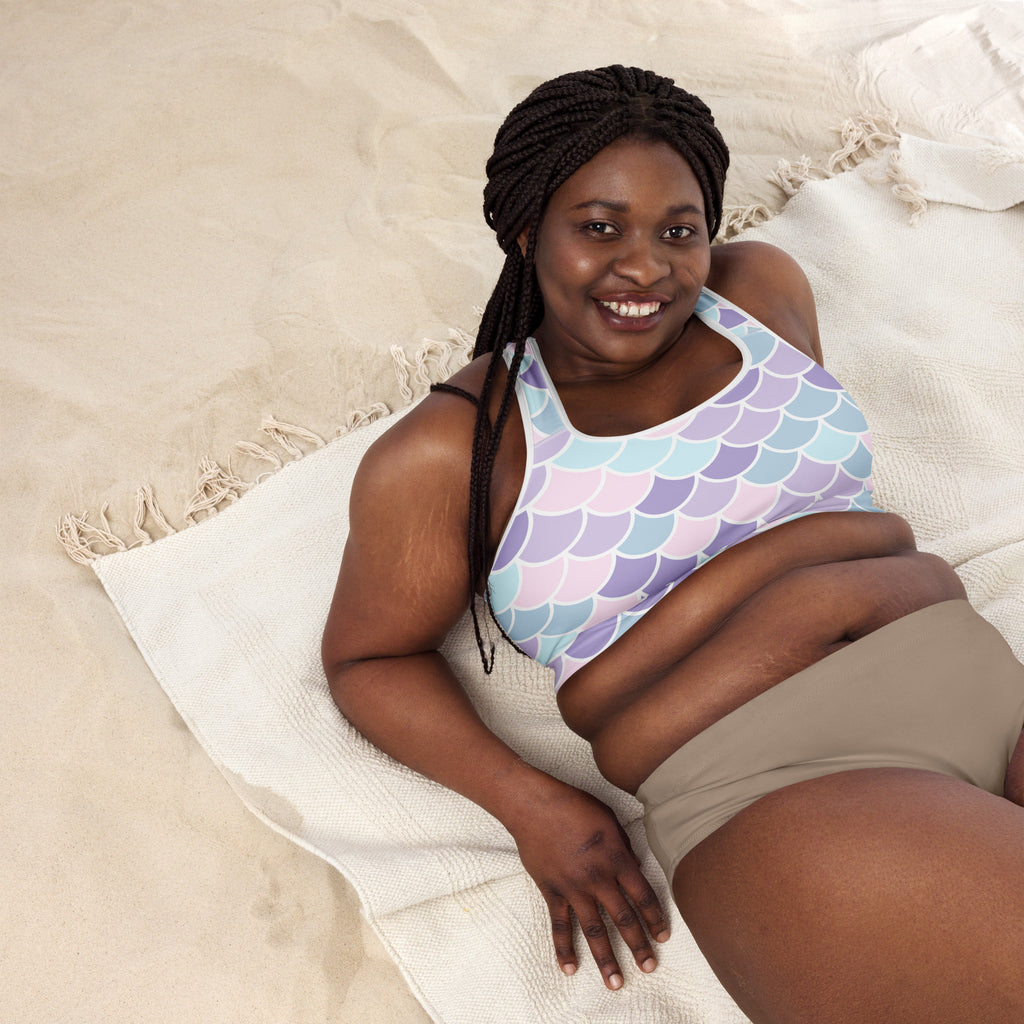 Women’s pastel mermaid scale padded sports bra in buttery soft fabric with quick-dry and supportive features