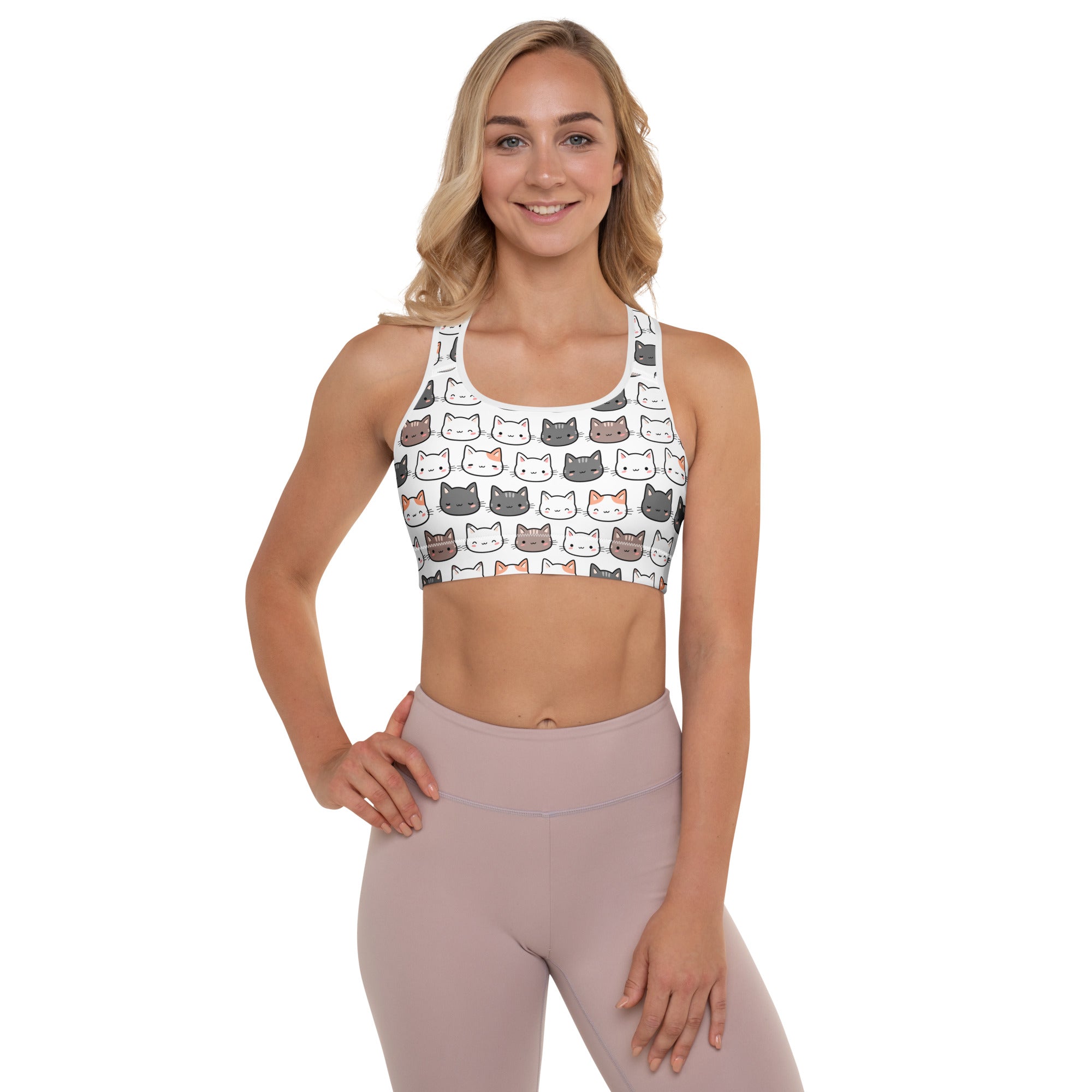 White women’s cat padded sports bra with playful multicolor cartoon cat faces buttery soft supportive quick-dry