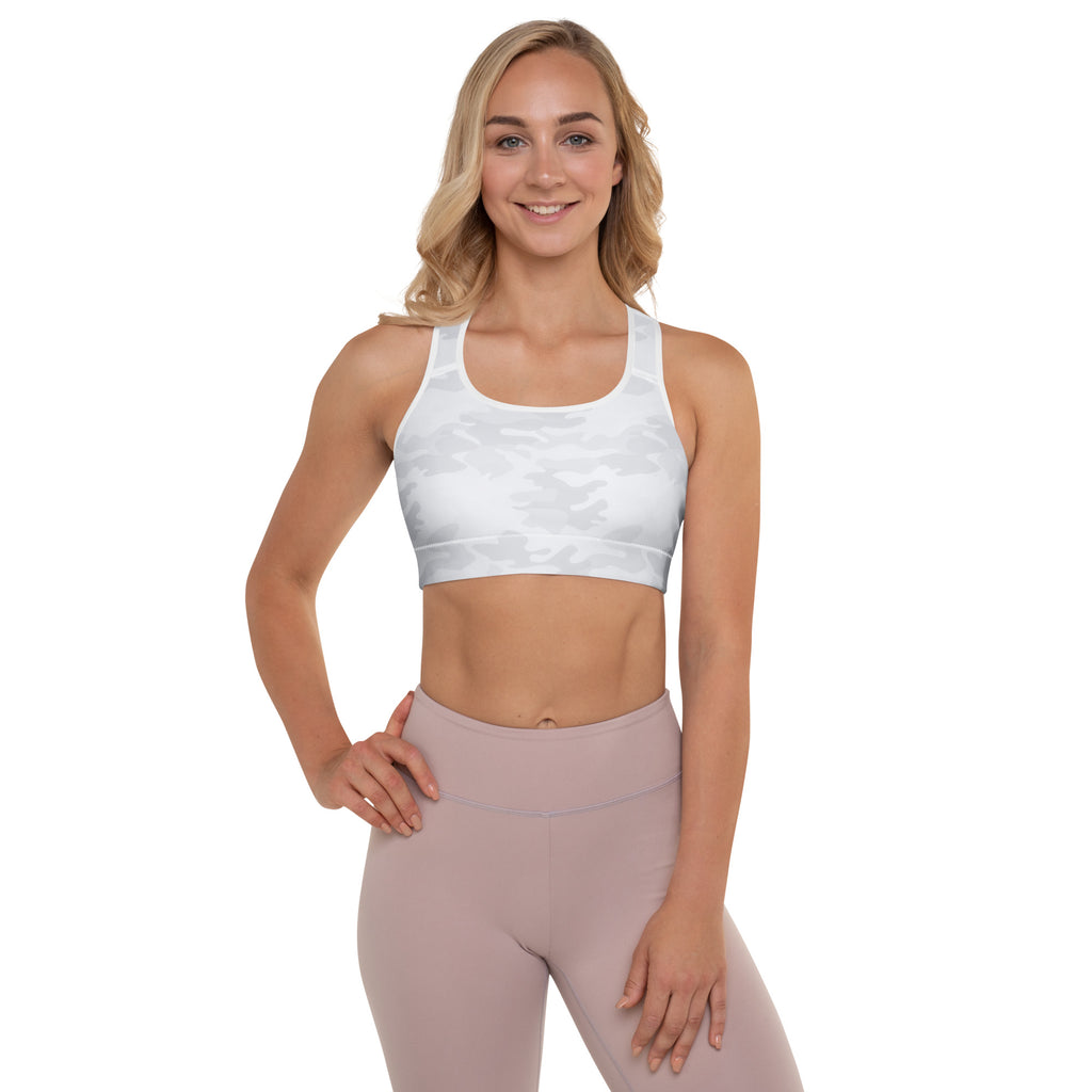 White camouflage padded sports bra with supportive straps and scoop neckline made of quick-dry buttery soft fabric