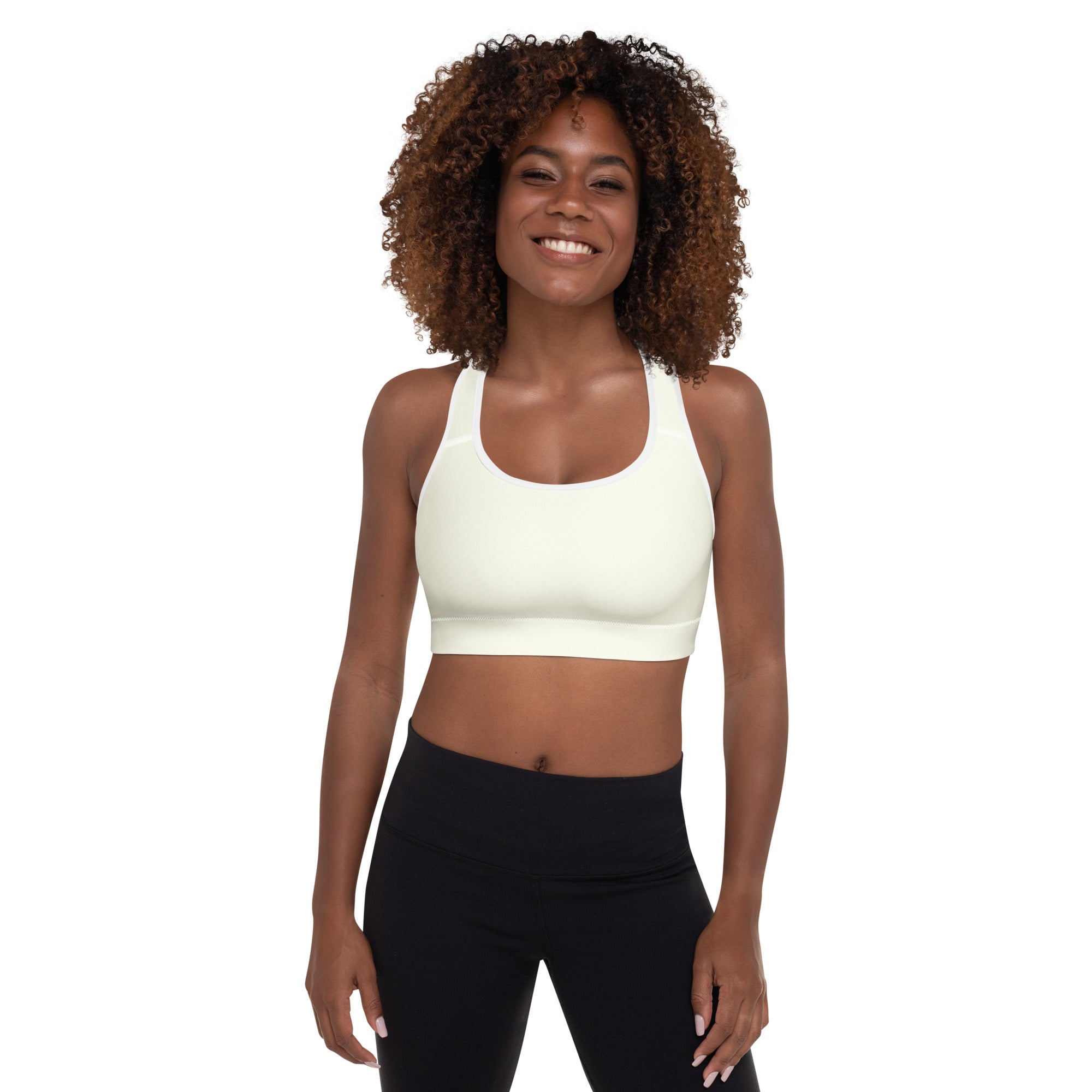 Off-white womens cream padded sports bra with seamless construction racerback design buttery soft quick-dry fabric