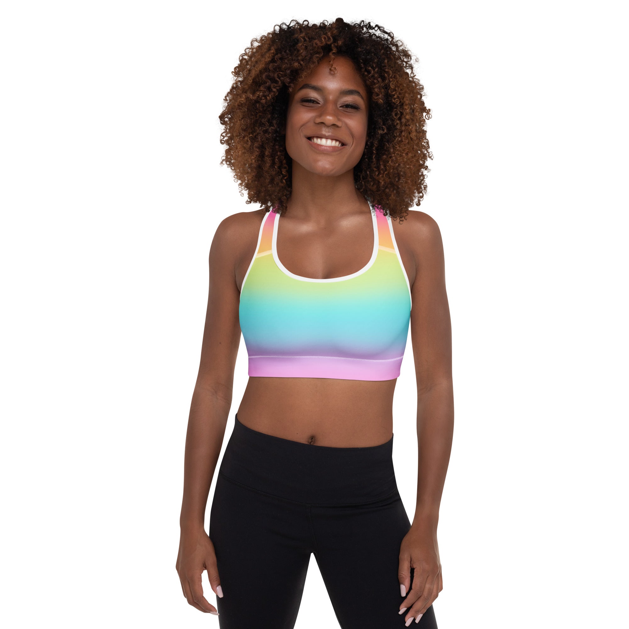 Women’s bright rainbow padded sports bra with racerback straps white trim buttery soft supportive quick dry
