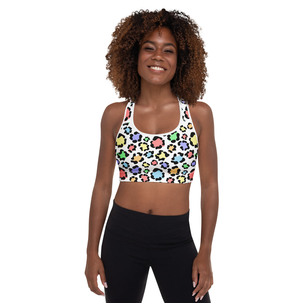 White women’s colorful leopard padded sports bra with vibrant pastel pink blue green yellow quick-dry fabric