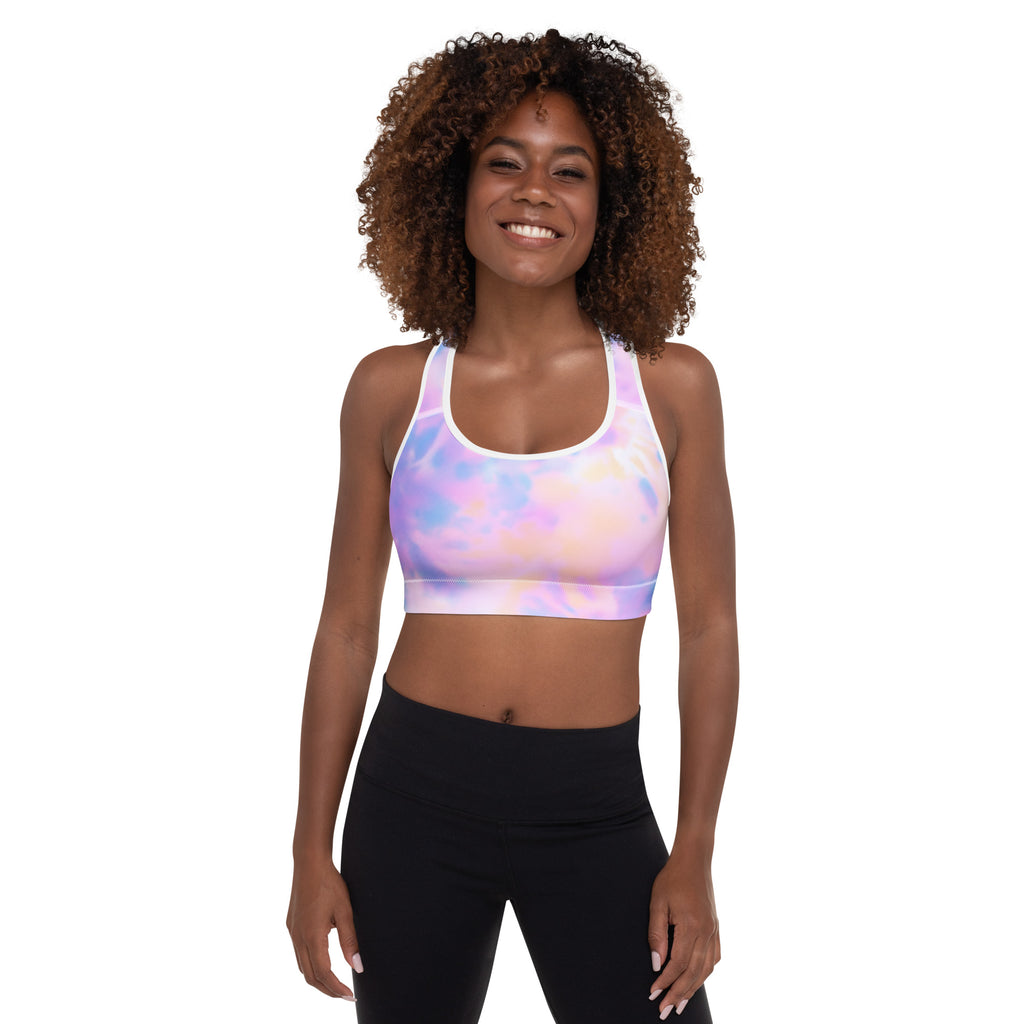 Women’s watercolor padded sports bra in pastel lavender pink and blue tie-dye with white trim buttery soft and quick-dry