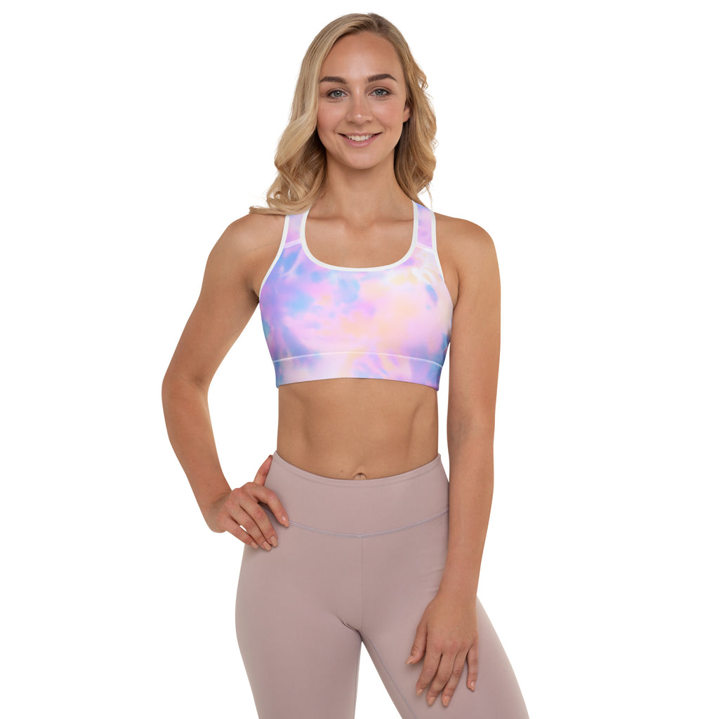 Pastel tie-dye women’s watercolor padded sports bra with white trim buttery soft supportive and quick-dry material