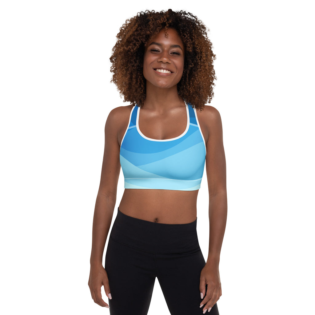 Women’s blue waves padded sports bra with white trim buttery soft supportive quick-dry fabric for active use