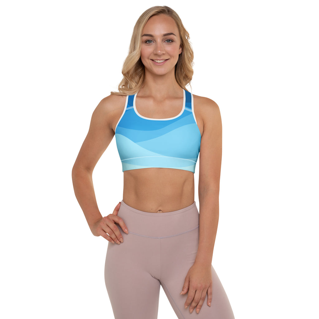 Women’s blue waves padded sports bra with white trim buttery soft supportive quick dry fabric