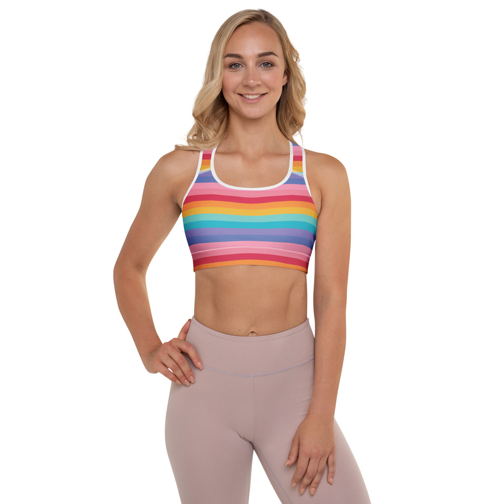 Women’s bright striped rainbow padded sports bra with white trim, buttery soft, supportive, and quick-dry fabric