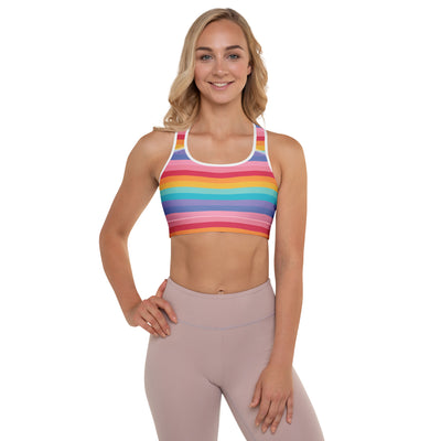 Women’s bright striped rainbow padded sports bra with white trim, buttery soft, supportive, and quick-dry fabric