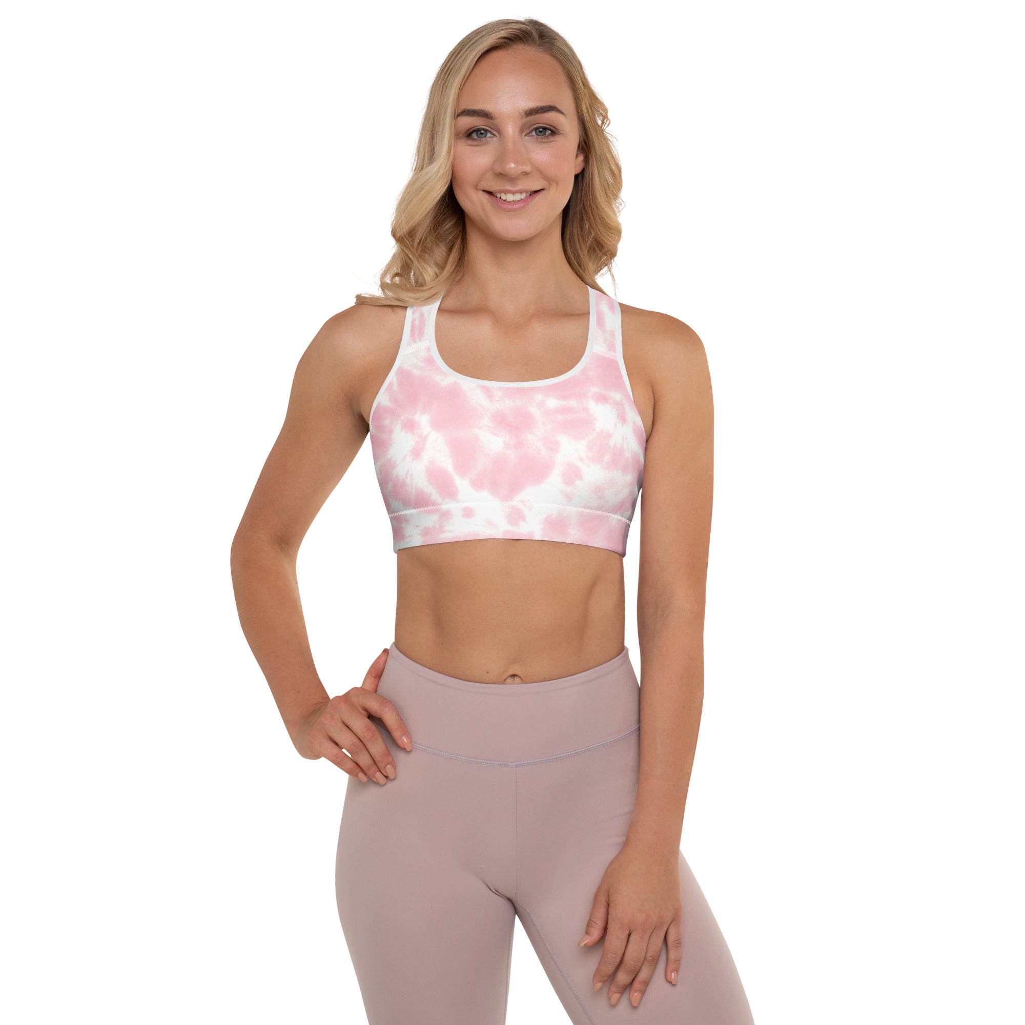 Women’s pink and white tie dye padded sports bra with buttery soft fabric and supportive racerback design shown from back