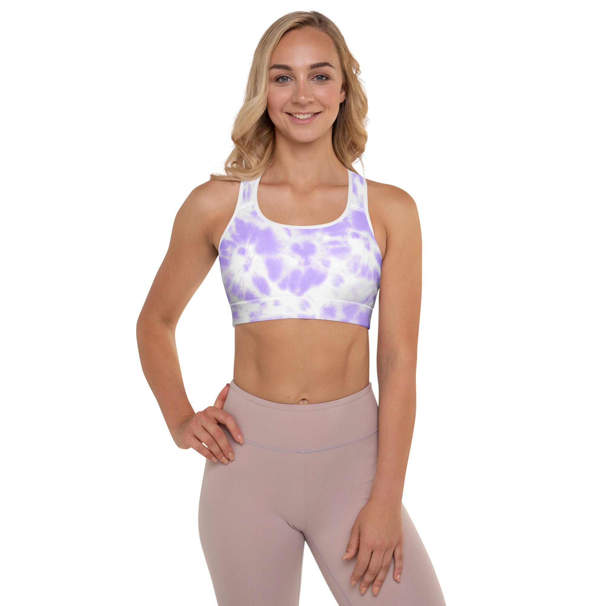 Women’s purple tie dye padded sports bra in lavender and white with a buttery soft quick-dry racerback design