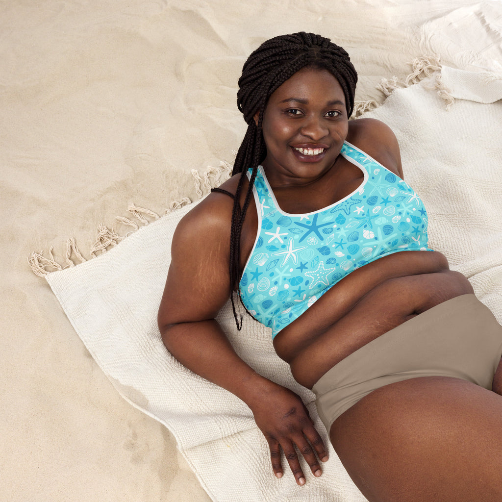Women’s starfish and shells padded sports bra in blue with buttery soft fabric, quick-dry, and supportive fit